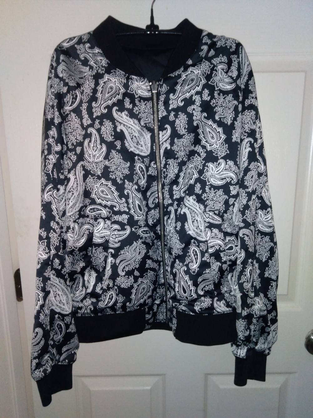 Reversible Black & White Paisley Bomber Jacket Silver Zipper